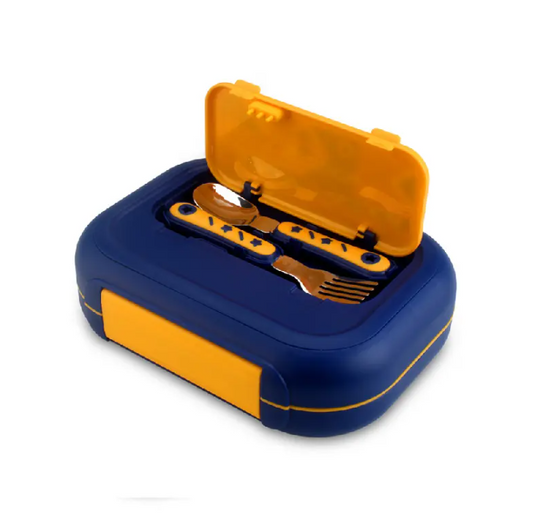 Kids Bento Lunch Box Set, 3 Compartments, Stainless Steel, Navy Blue and Grey with Thermal Bag