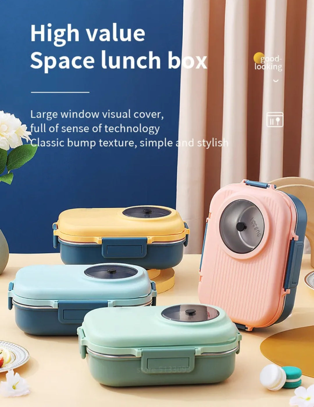 Bento Lunch Box, 1100ml Double Layer 3 Grid Design, 304 Stainless Steel Lunch Box with Chopsticks Spoon Soup Bowl, Food Container for Kids Students Adults