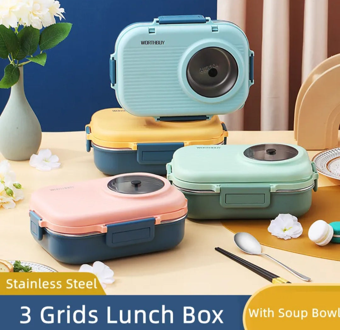 Bento Lunch Box, 1100ml Double Layer 3 Grid Design, 304 Stainless Steel Lunch Box with Chopsticks Spoon Soup Bowl, Food Container for Kids Students Adults