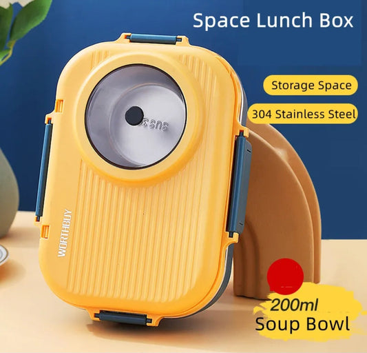 Bento Lunch Box, 1100ml Double Layer 3 Grid Design, 304 Stainless Steel Lunch Box with Chopsticks Spoon Soup Bowl, Food Container for Kids Students Adults