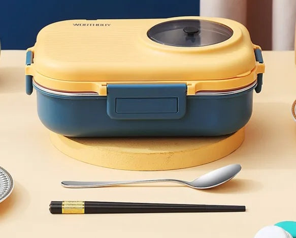 Bento Lunch Box, 1100ml Double Layer 3 Grid Design, 304 Stainless Steel Lunch Box with Chopsticks Spoon Soup Bowl, Food Container for Kids Students Adults