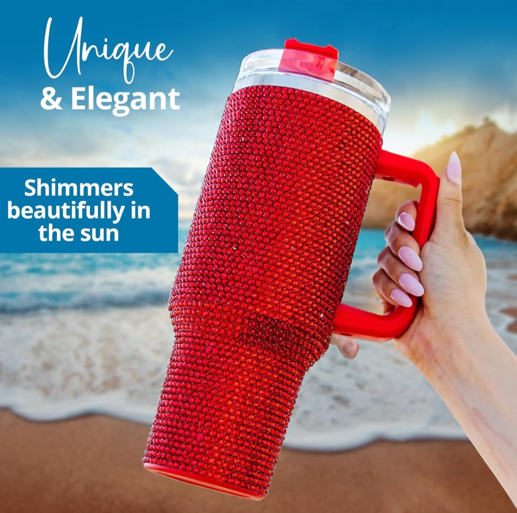 40oz Luxury Rhinestone Studded Insulated Tumbler - Durable Stainless Steel, Reusable, Multipurpose Cup with Straw for Hot & Cold Drinks - Hand Wash, Perfect for Various Holidays, Travel, and Outdoor Activities