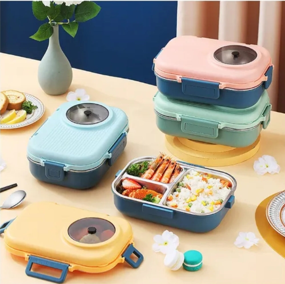 Bento Lunch Box, 1100ml Double Layer 3 Grid Design, 304 Stainless Steel Lunch Box with Chopsticks Spoon Soup Bowl, Food Container for Kids Students Adults