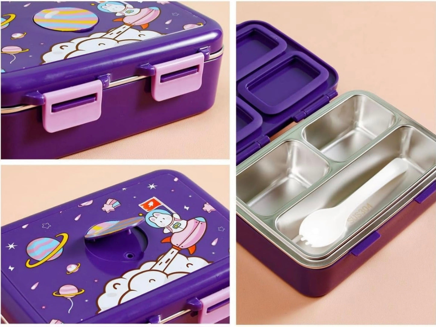 Minimalist Bento Box, Stainless Steel 550ML, Purple, 3 Compartments, Kids Lunch Box