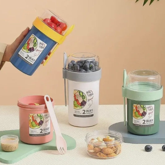 3x Two-way salad cup, yoghurt nut oatmeal fruitbox for breakfast or snack cup for school, office, picnic