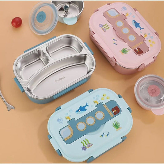 "Stainless Steel Submarine design Lunchbox for Kids – Fun, Multi-Compartment, Eco-Friendly Meal Organizer – BPA-Free, Easy-to-Clean, and Durable – Ideal for Healthy Eating and Imaginative Mealtime Adventures!"
