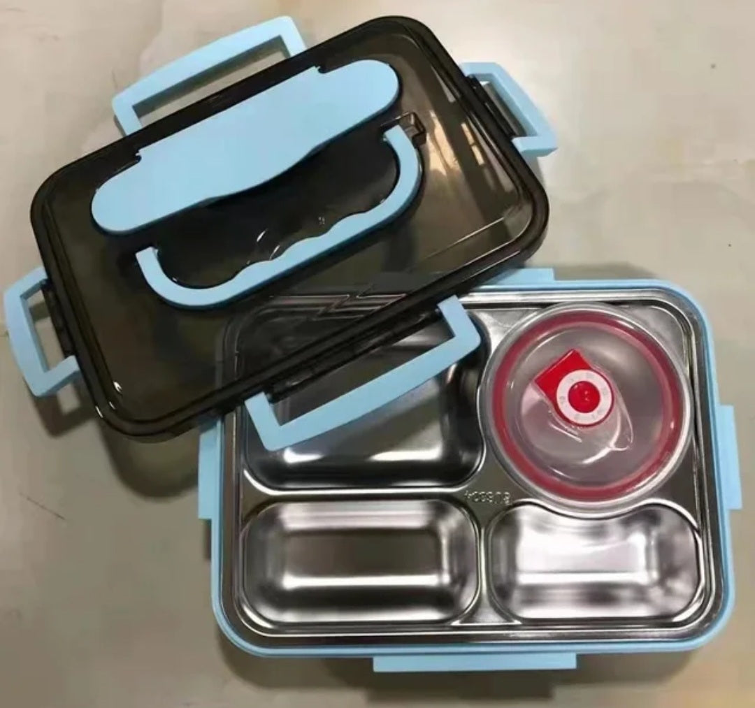 4 Compartment Bento Stainless Steel Lunch Box With Bowl and Cutlery