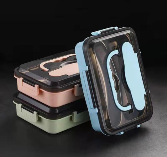 4 Compartment Bento Stainless Steel Lunch Box With Bowl and Cutlery