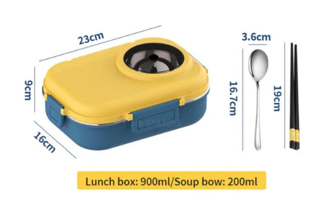 Bento Lunch Box, 900ml Double Layer 3 Grid Design, 304 Stainless Steel Lunch Box with Chopsticks Spoon Soup Bowl, Food Container for Kids Students Adults