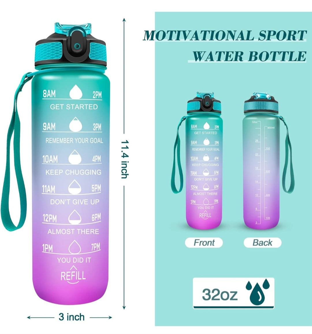 1000ml Motivational Water Bottle with Time Marker, Leak-proof BPA Free Drink Bottle, Perfect for Gym, Outdoor Sports, Office or College