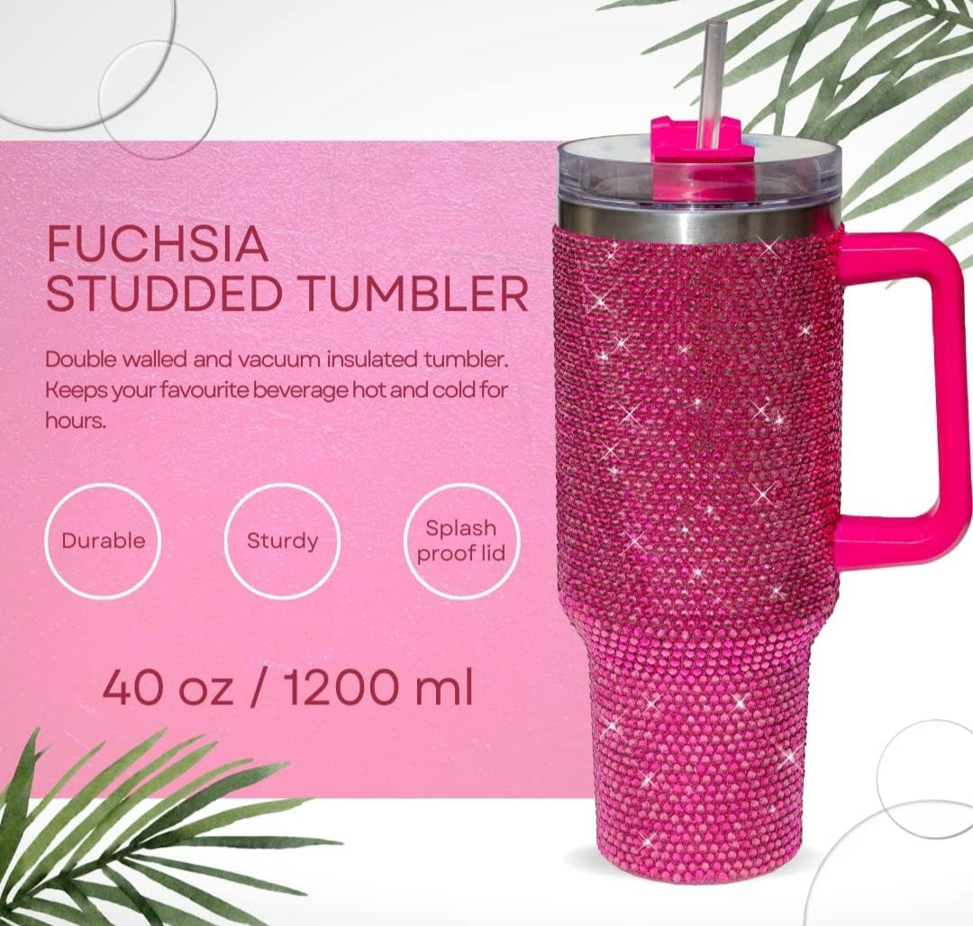 40oz Bling Rhinestone Tumbler With Handle, Lid, Straw Double Wall Insulated Mug