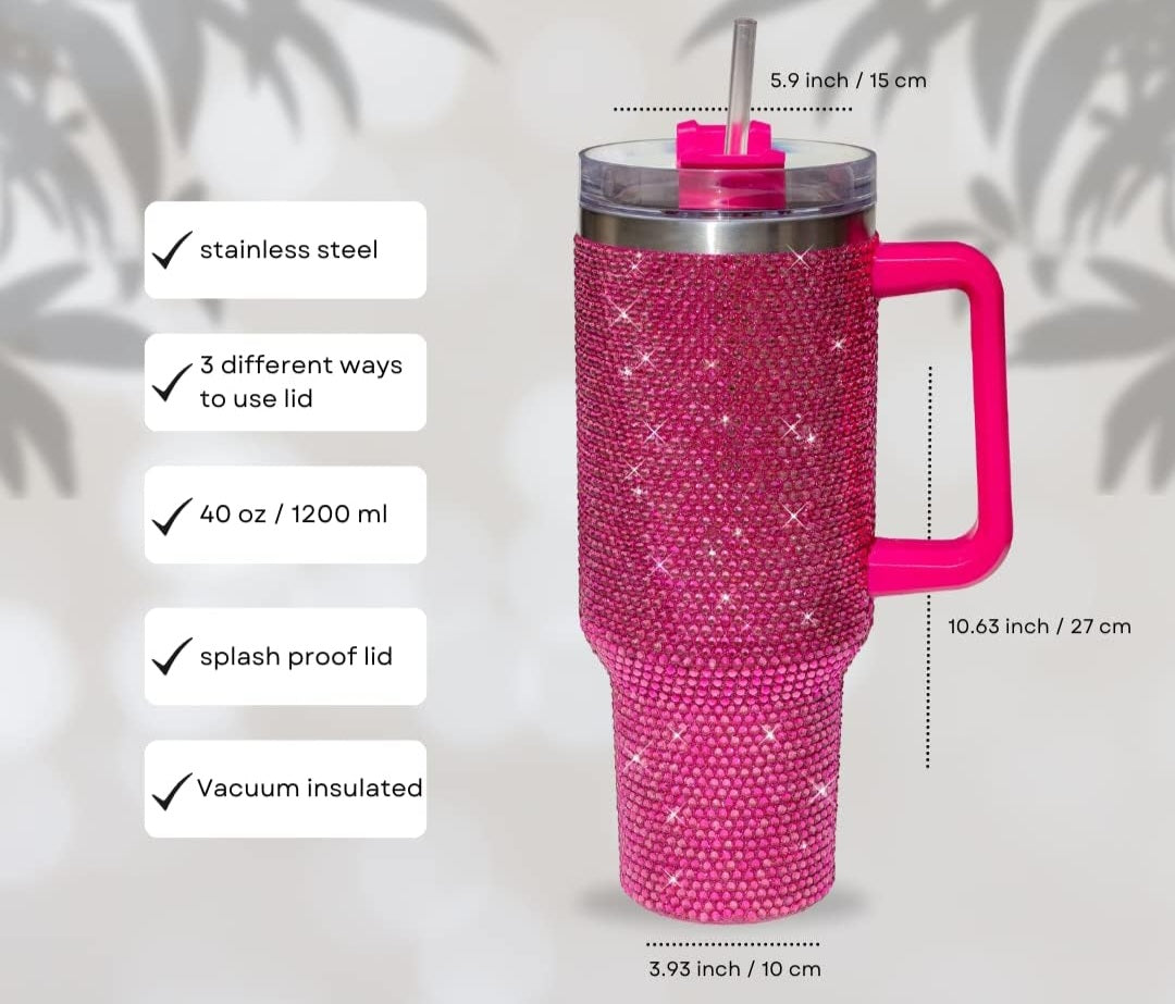 40oz Bling Rhinestone Tumbler With Handle, Lid, Straw Double Wall Insulated Mug