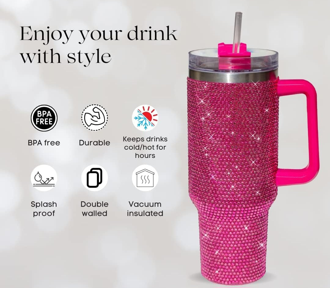 40oz Bling Rhinestone Tumbler With Handle, Lid, Straw Double Wall Insulated Mug