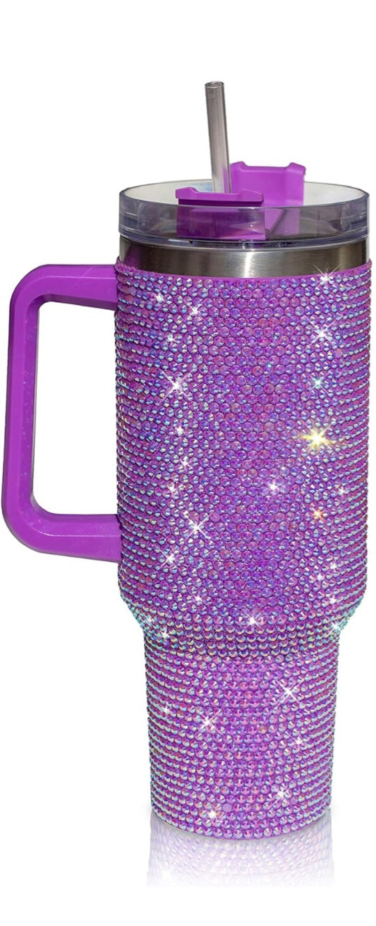 40oz Bling Rhinestone Tumbler With Handle, Lid, Straw Double Wall Insulated Mug