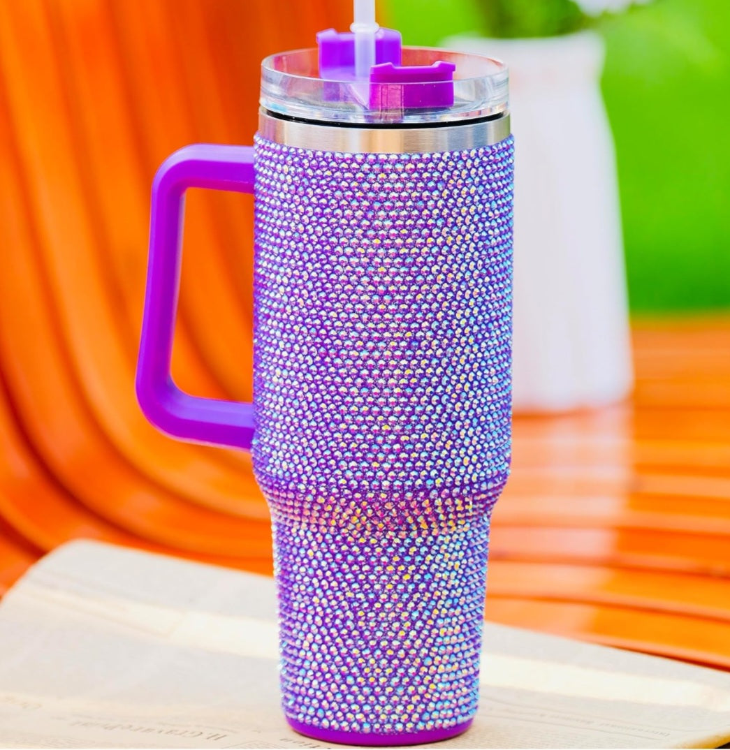 40oz Bling Rhinestone Tumbler With Handle, Lid, Straw Double Wall Insulated Mug