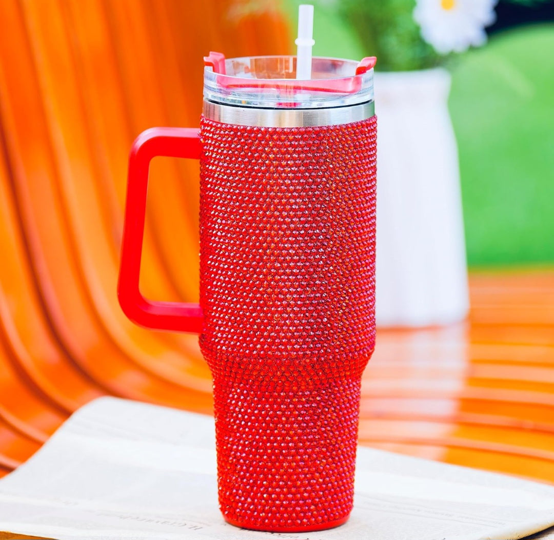 40oz Bling Rhinestone Tumbler With Handle, Lid, Straw Double Wall Insulated Mug