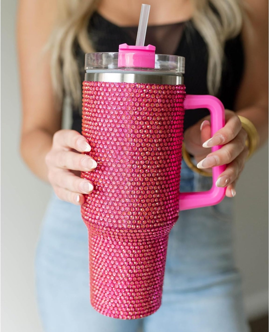 40oz Bling Rhinestone Tumbler With Handle, Lid, Straw Double Wall Insulated Mug