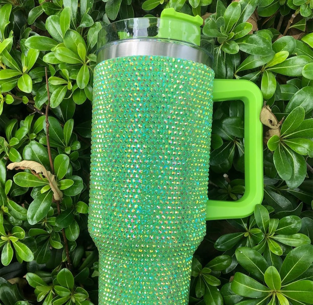 40oz Bling Rhinestone Tumbler With Handle, Lid, Straw Double Wall Insulated Mug