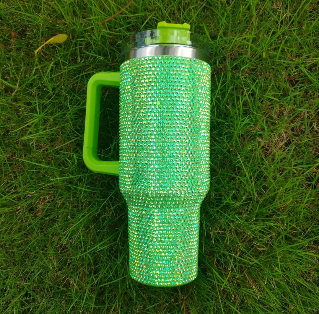 40oz Bling Rhinestone Tumbler With Handle, Lid, Straw Double Wall Insulated Mug