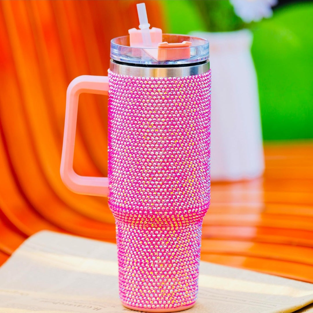 40oz Bling Rhinestone Tumbler With Handle, Lid, Straw Double Wall Insulated Mug