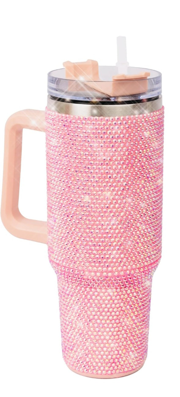 40oz Bling Rhinestone Tumbler With Handle, Lid, Straw Double Wall Insulated Mug