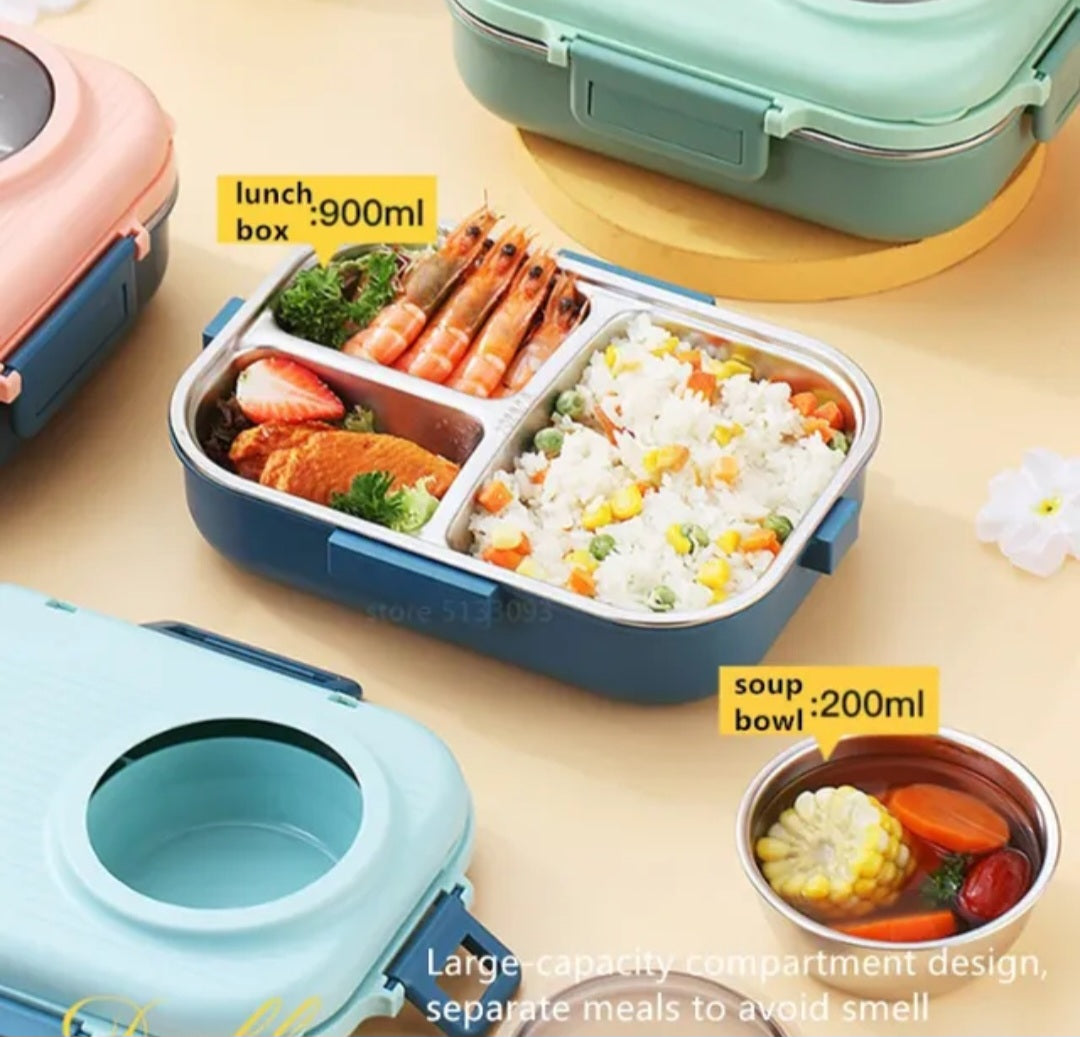 Bento Lunch Box, 900ml Double Layer 3 Grid Design, 304 Stainless Steel Lunch Box with Chopsticks Spoon Soup Bowl, Food Container for Kids Students Adults